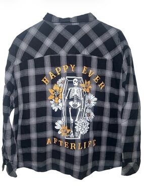Spirit Black Gray Plaid Flannel Shirt 'Happy Ever Afterlife' Halloween Skeleton